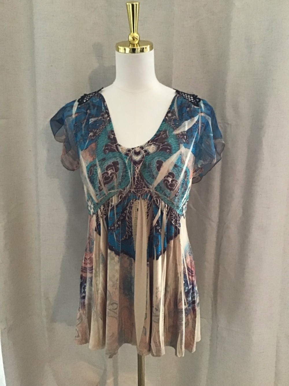 Boston Proper Teal, Beige and Navy Printed Crochet-Back Tunic